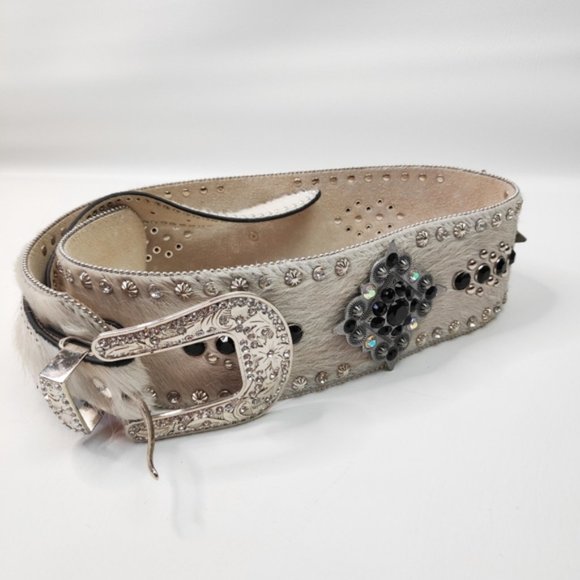 NEW Western Cowgirl Style Concho Hair on Hide Cream/Black Leather Belt L/XL